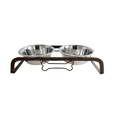 Rustic Raised Dog Feeding Station – Elevated Two-Bowl Stand with Stainless Steel Bowls