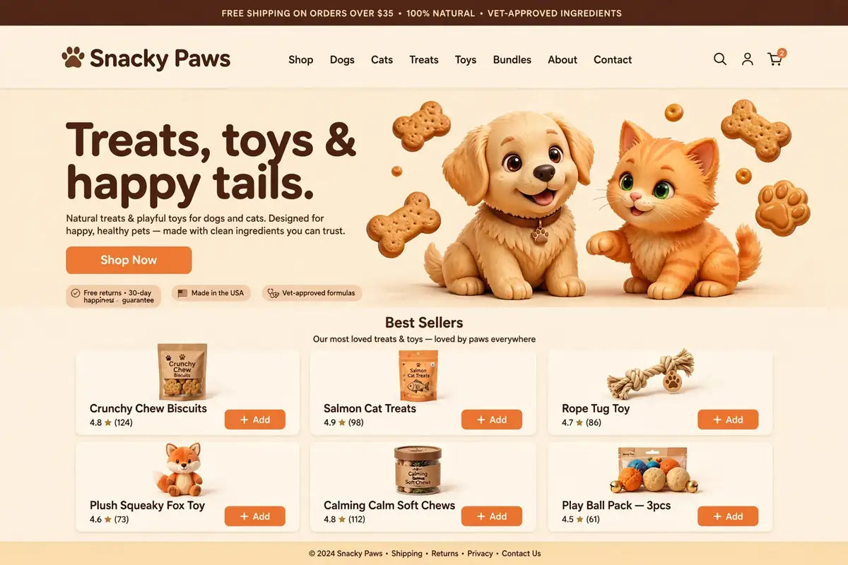Golden puppy and orange kitten with floating pet treats